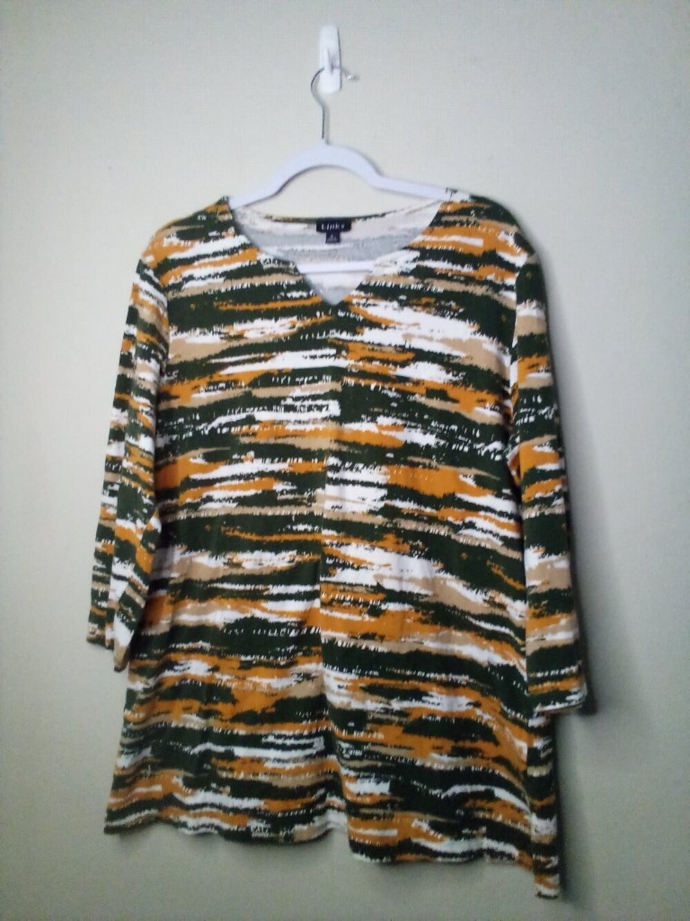 Links Blouse Women L 3/4 Sleeve Soft Stretch Pattern Green Brown
